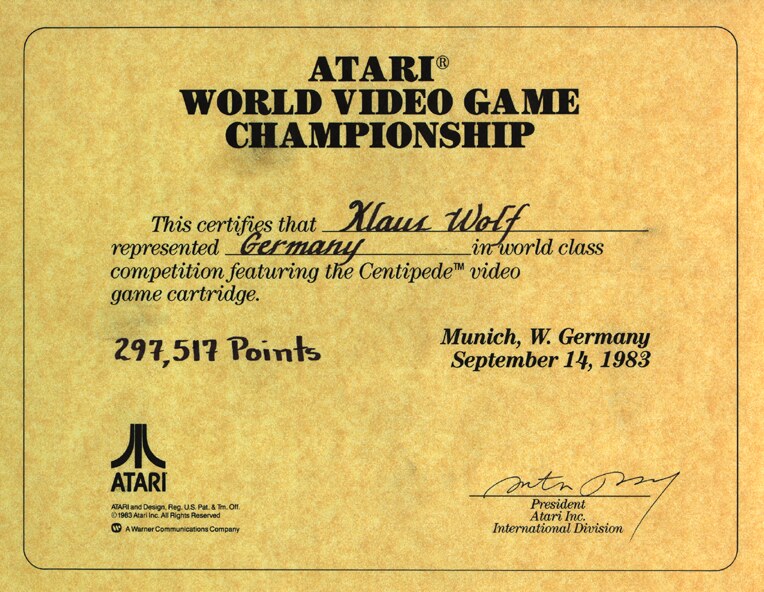 Original-Zertifikat: Atari World Video Game Championship München 14.9.1983 — Klaus Wolf representing Germany, 297.517 Points